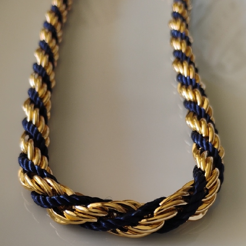 Elegant  Statement Rope Gold and Navy Blue tones Twisted Necklace Coastal Style